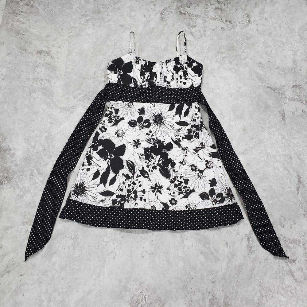 Taboo vtg Y2K Black & White Polkadot Floral Mini Dress Tie Empire Waist Size L